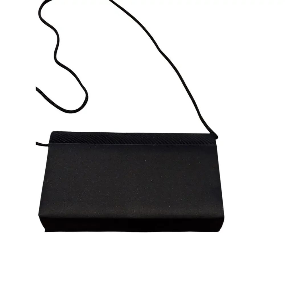 Vintage Black Satin Evening Clutch Crossbody Rhinestone Trim Magnetic Snap